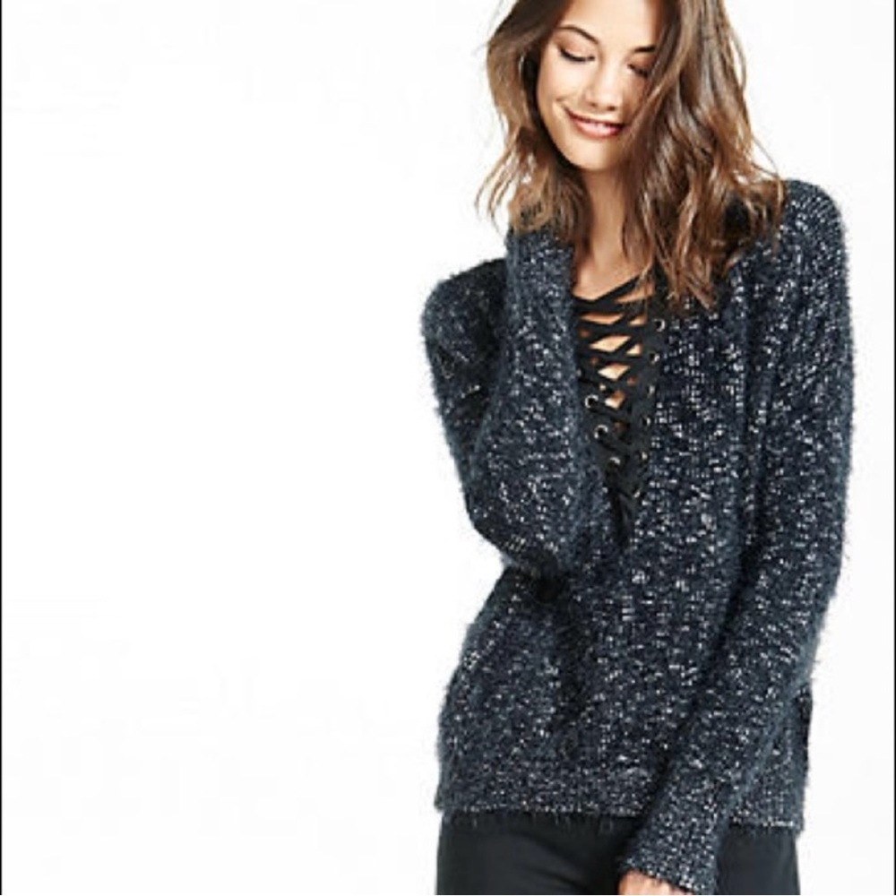 NAME YOUR PRICE • Express Fuzzy Black Marled V-Neck Lace-Up Sweater Size L